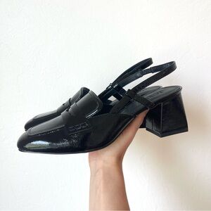 J. Crew Layne Slingback Crinkle Leather Black Square Toe Loafers Heels Shoes 9